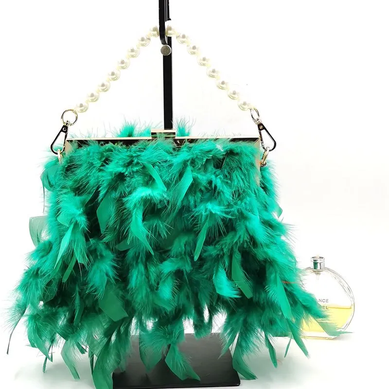 2023 Luxury Fashion Women's Bag Ostrich Fur Feather Tassel Evening Bags Ladies Day Clutches Party Wedding Purses Chain Handbag