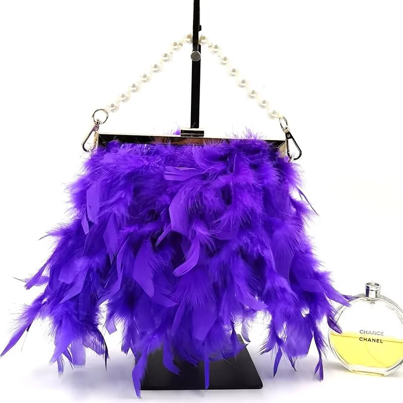 2023 Luxury Fashion Women's Bag Ostrich Fur Feather Tassel Evening Bags Ladies Day Clutches Party Wedding Purses Chain Handbag