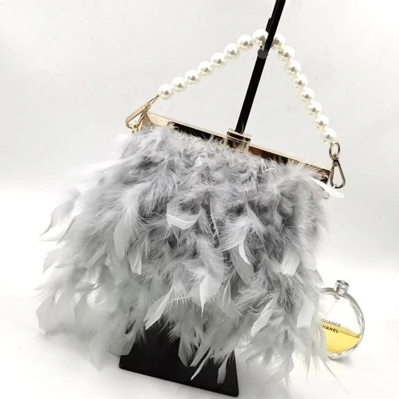 2023 Luxury Fashion Women's Bag Ostrich Fur Feather Tassel Evening Bags Ladies Day Clutches Party Wedding Purses Chain Handbag