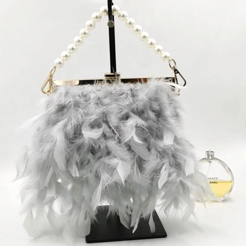2023 Luxury Fashion Women's Bag Ostrich Fur Feather Tassel Evening Bags Ladies Day Clutches Party Wedding Purses Chain Handbag