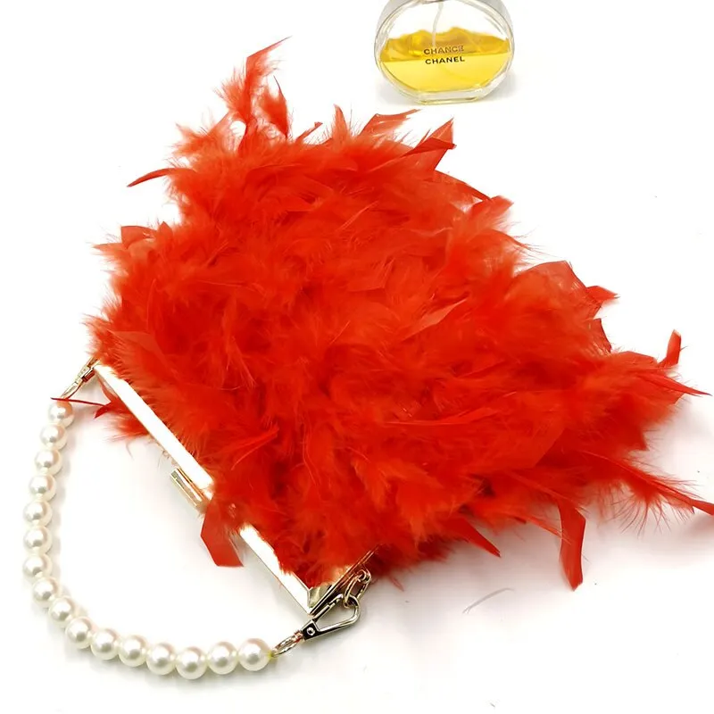 2023 Luxury Fashion Women's Bag Ostrich Fur Feather Tassel Evening Bags Ladies Day Clutches Party Wedding Purses Chain Handbag