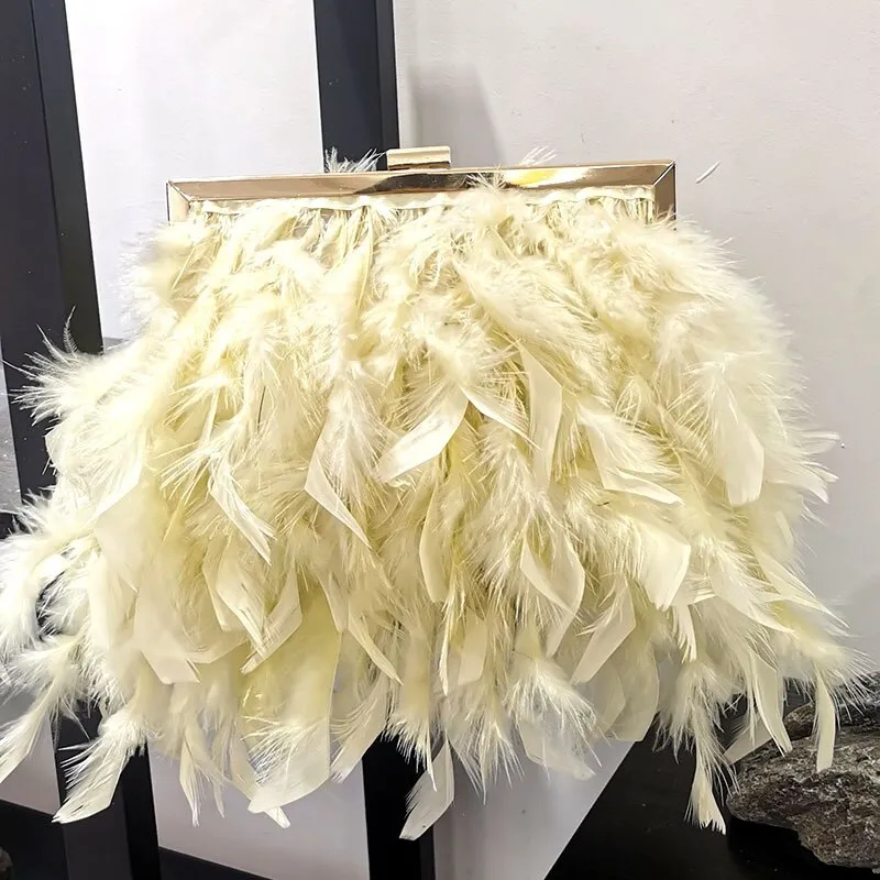 2023 Luxury Fashion Women's Bag Ostrich Fur Feather Tassel Evening Bags Ladies Day Clutches Party Wedding Purses Chain Handbag