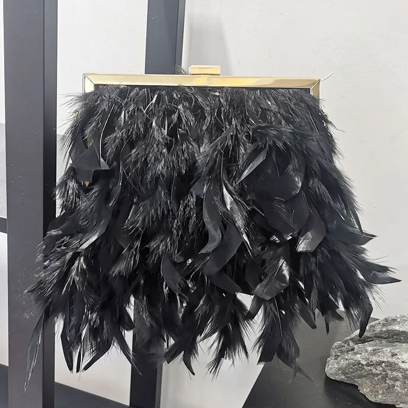 2023 Luxury Fashion Women's Bag Ostrich Fur Feather Tassel Evening Bags Ladies Day Clutches Party Wedding Purses Chain Handbag