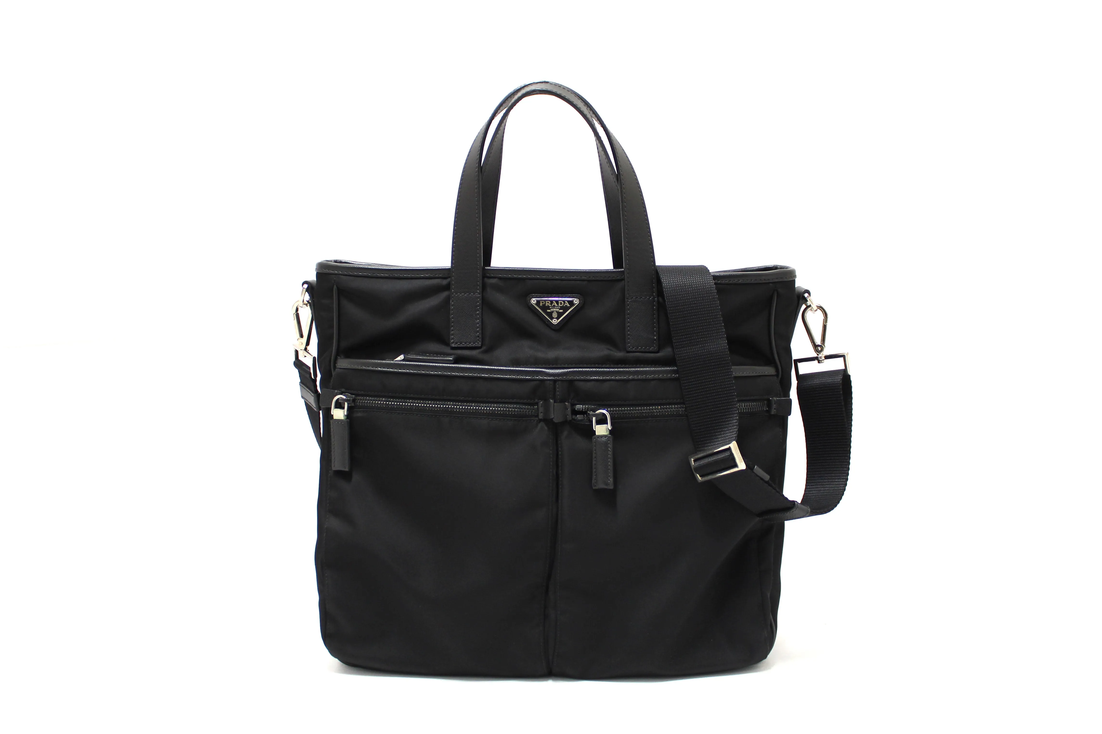Authentic Prada Black Re-Nylon Pocket Tote Shoulder Bag