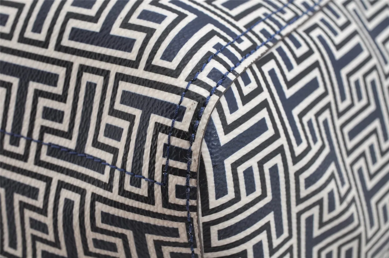 Authentic TORY BURCH Geo-T Pattern Shoulder Tote Bag PVC Leather Navy 0908K
