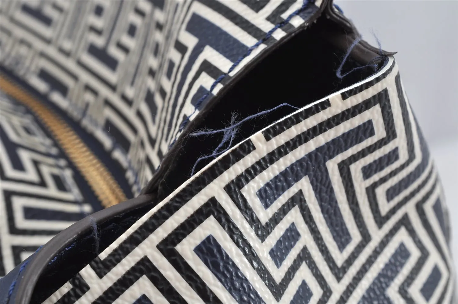 Authentic TORY BURCH Geo-T Pattern Shoulder Tote Bag PVC Leather Navy 0908K