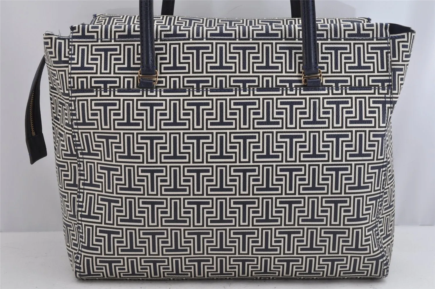 Authentic TORY BURCH Geo-T Pattern Shoulder Tote Bag PVC Leather Navy 0908K