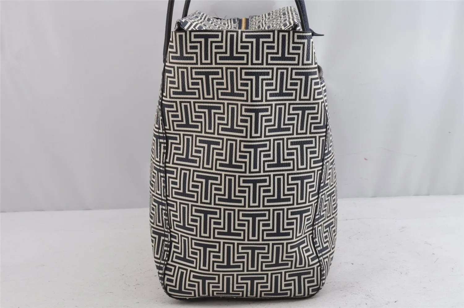 Authentic TORY BURCH Geo-T Pattern Shoulder Tote Bag PVC Leather Navy 0908K