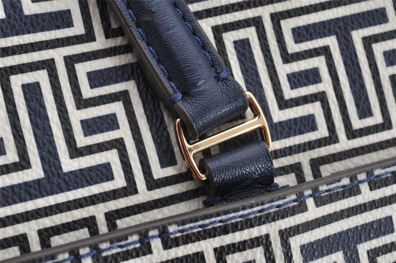 Authentic TORY BURCH Geo-T Pattern Shoulder Tote Bag PVC Leather Navy 0908K