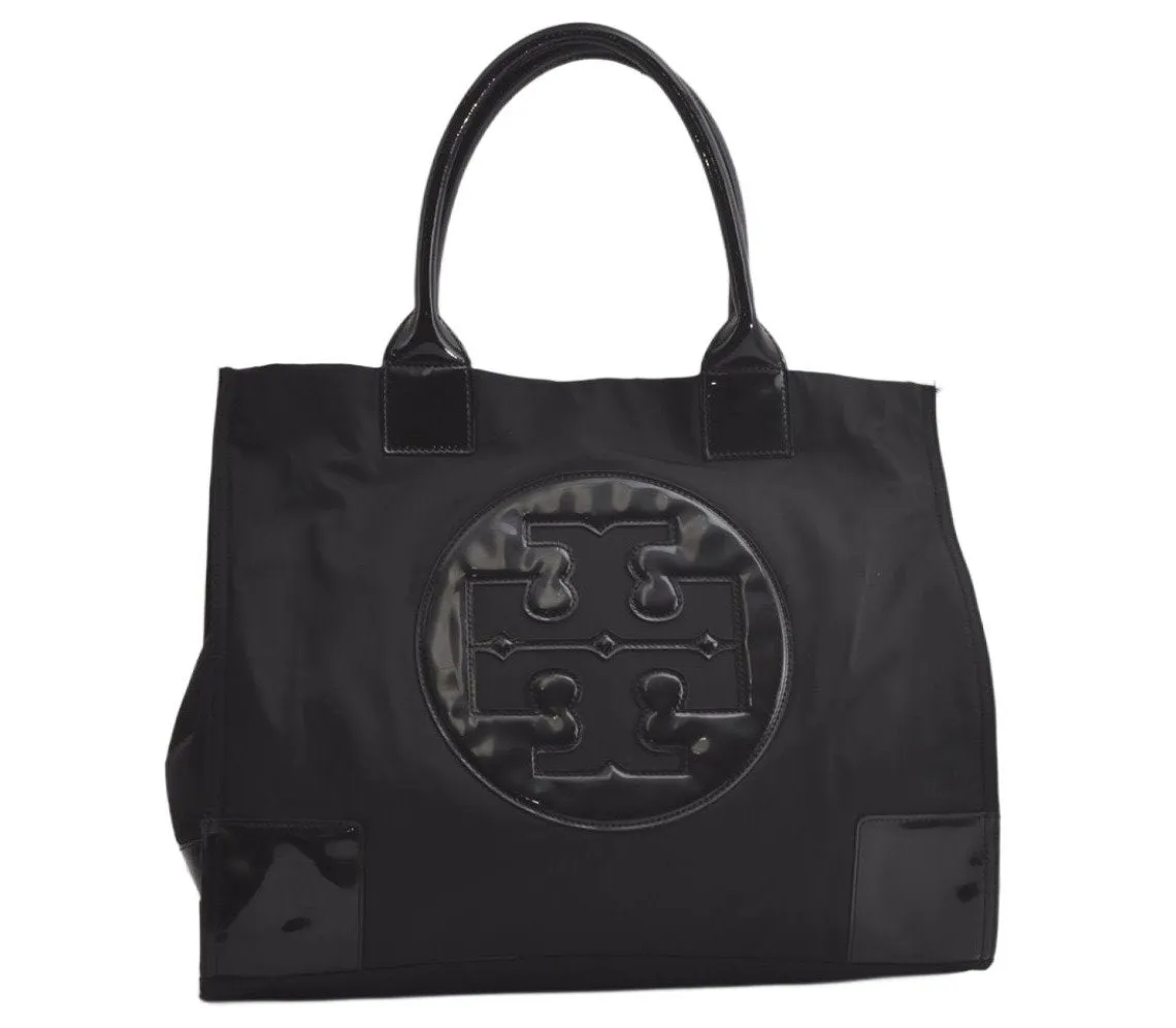 Authentic TORY BURCH Vintage Ella Nylon Enamel Shoulder Tote Bag Black 5926K