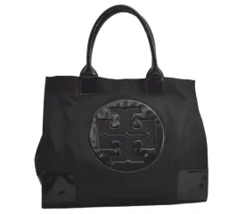 Authentic TORY BURCH Vintage Ella Nylon Enamel Shoulder Tote Bag Black 5926K