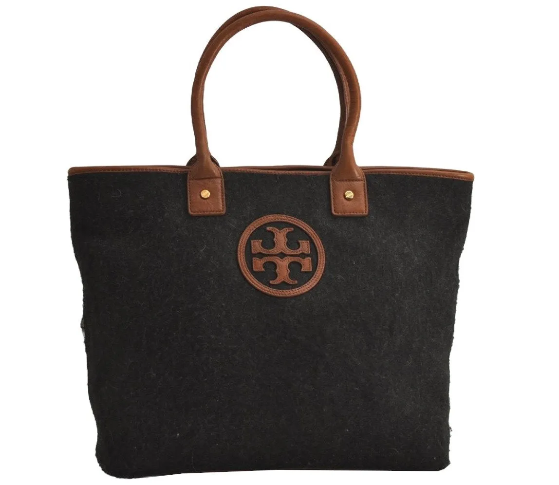 Authentic TORY BURCH Vintage Wool Leather Shoulder Tote Bag Gray 7617J