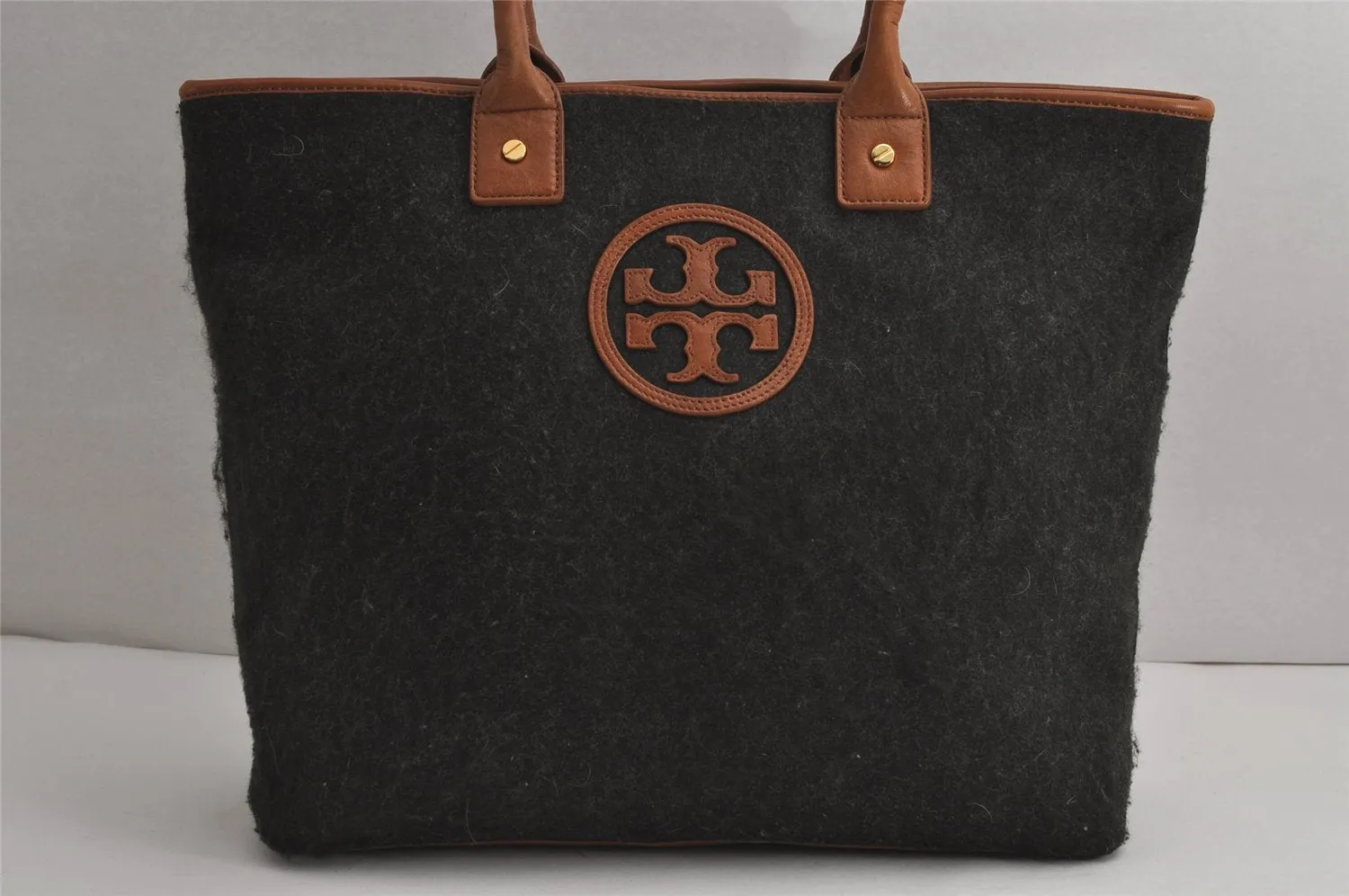 Authentic TORY BURCH Vintage Wool Leather Shoulder Tote Bag Gray 7617J