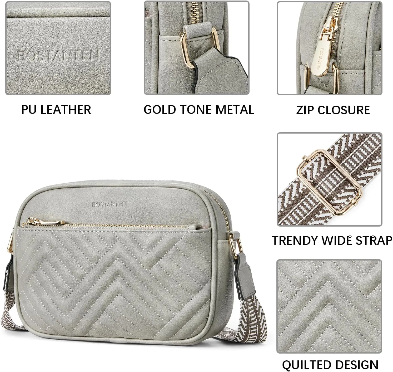 BOSTANTEN Quilted Crossbody Bags for Women Vegan Leather Purses Small Shoulder Handbags with Wide Strap