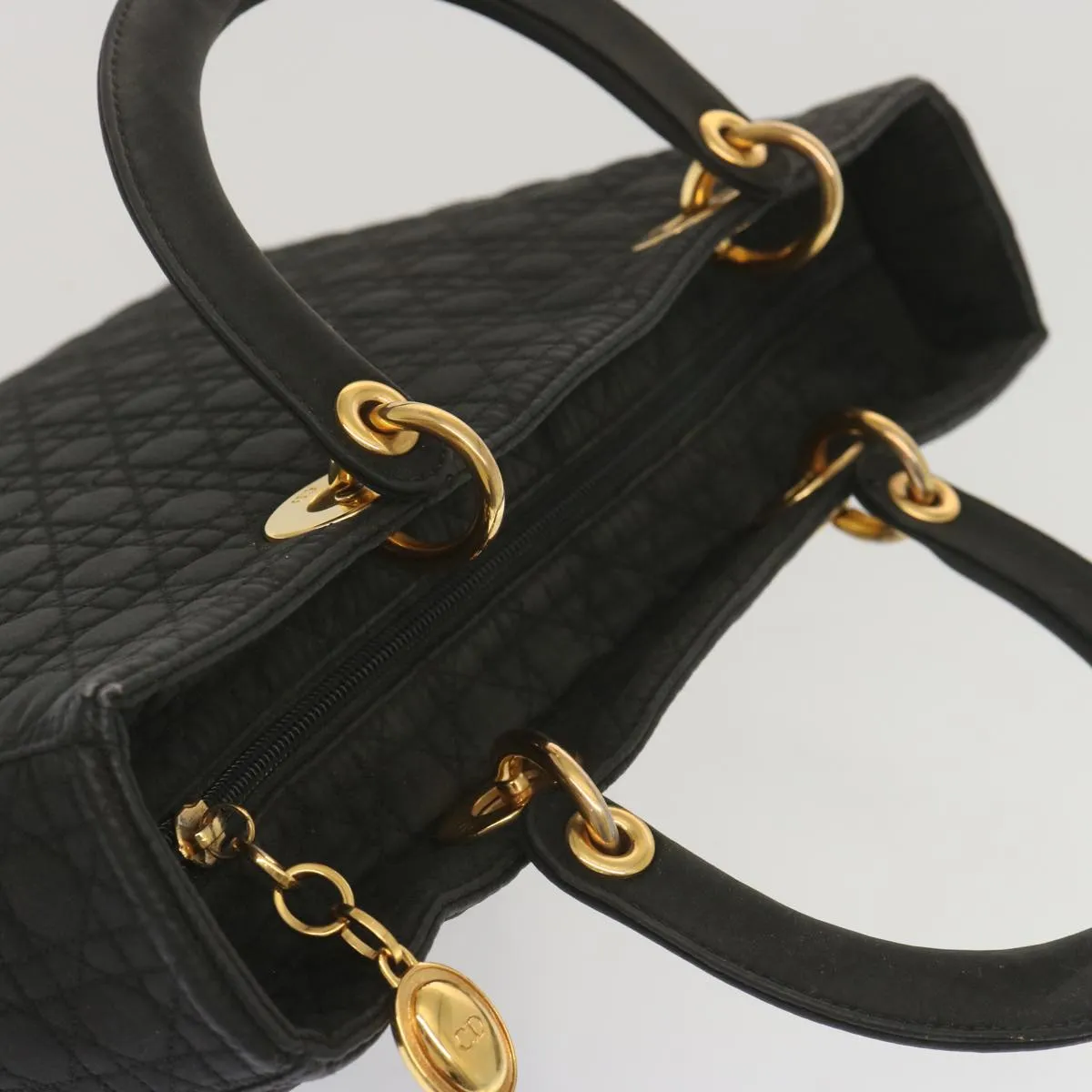 CHRISTIAN DIOR Lady Dior Hand Bag Nylon Black Auth ep3697