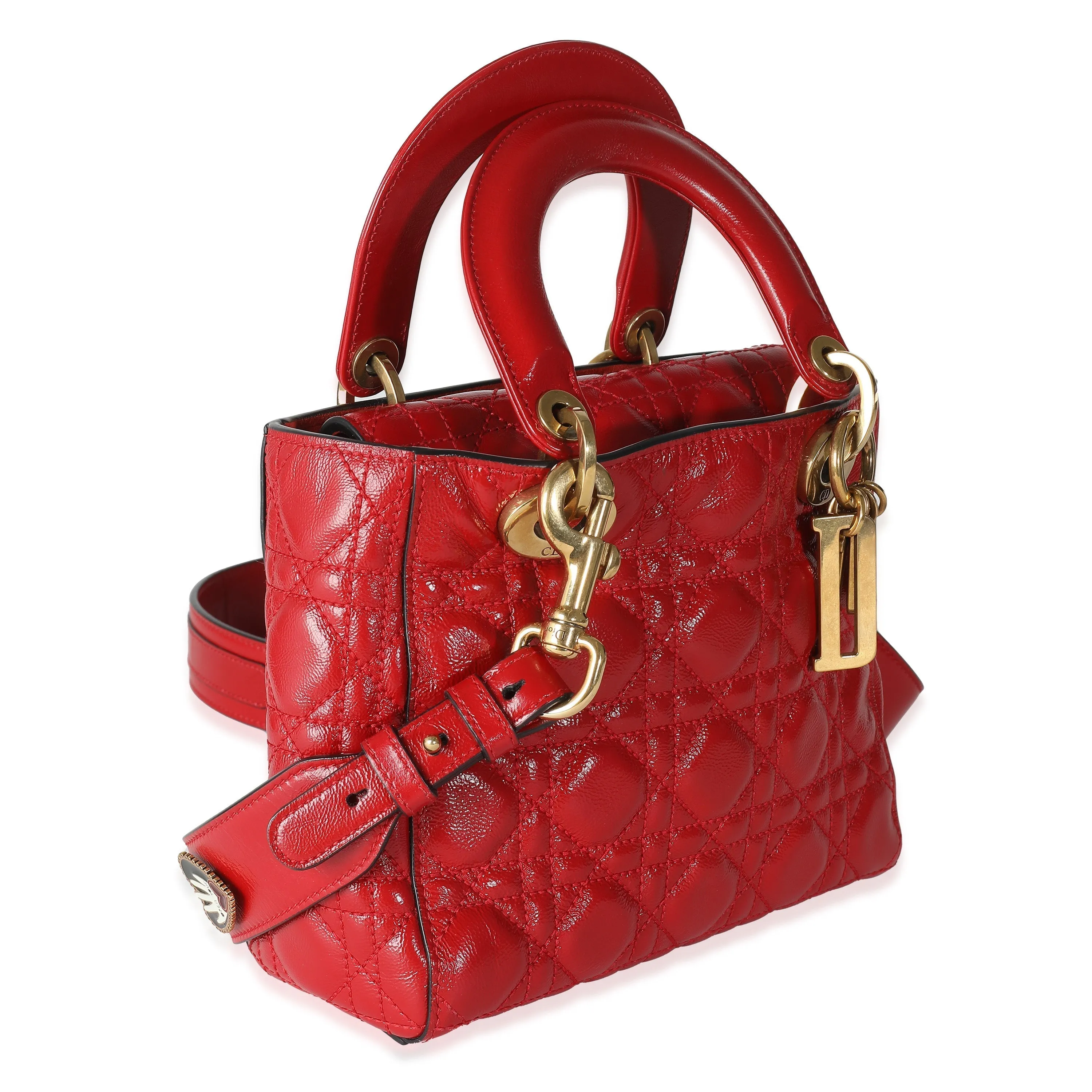 CHRISTIAN DIOR Red Crinkled Patent Cannage Small Lucky Badges My Lady Dior