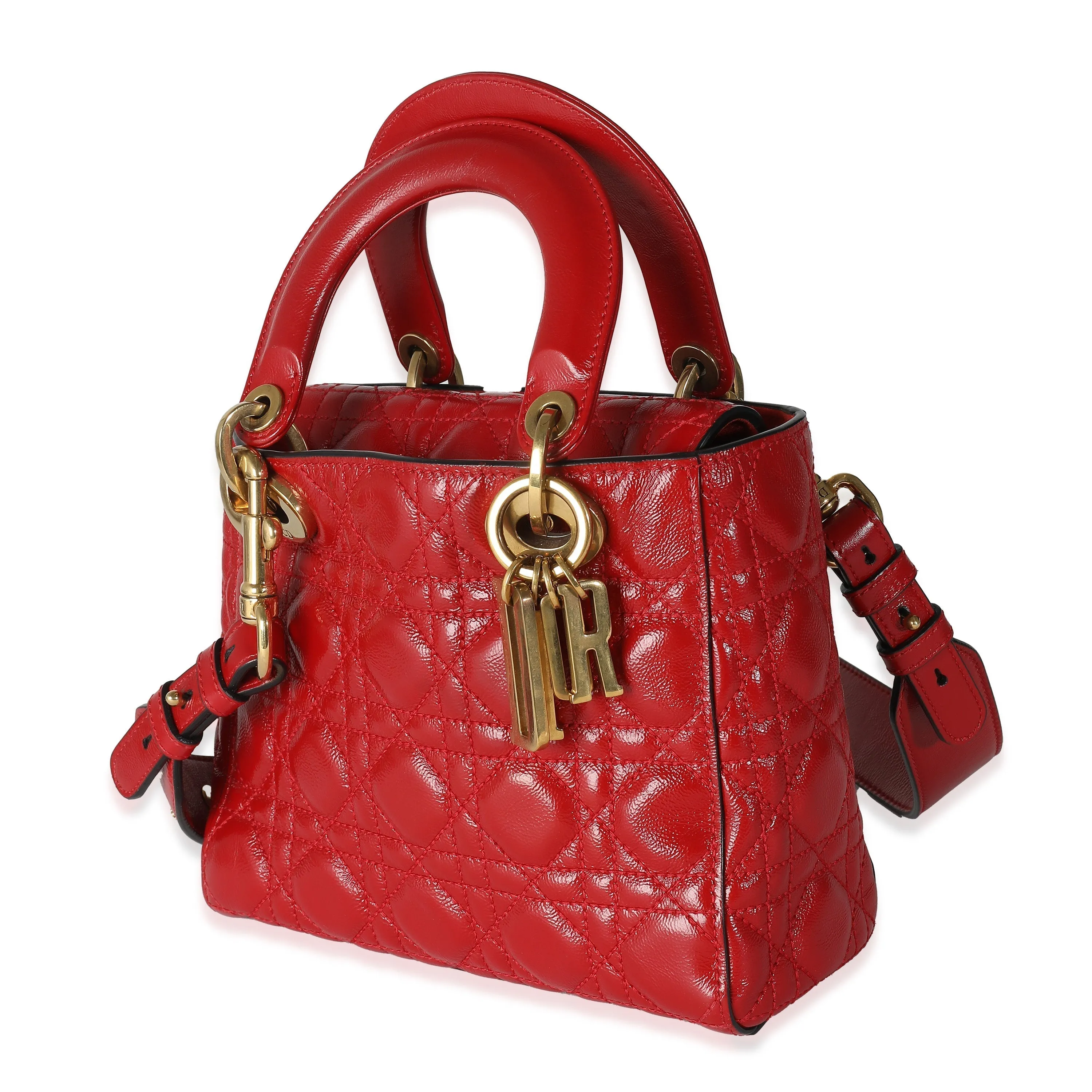 CHRISTIAN DIOR Red Crinkled Patent Cannage Small Lucky Badges My Lady Dior