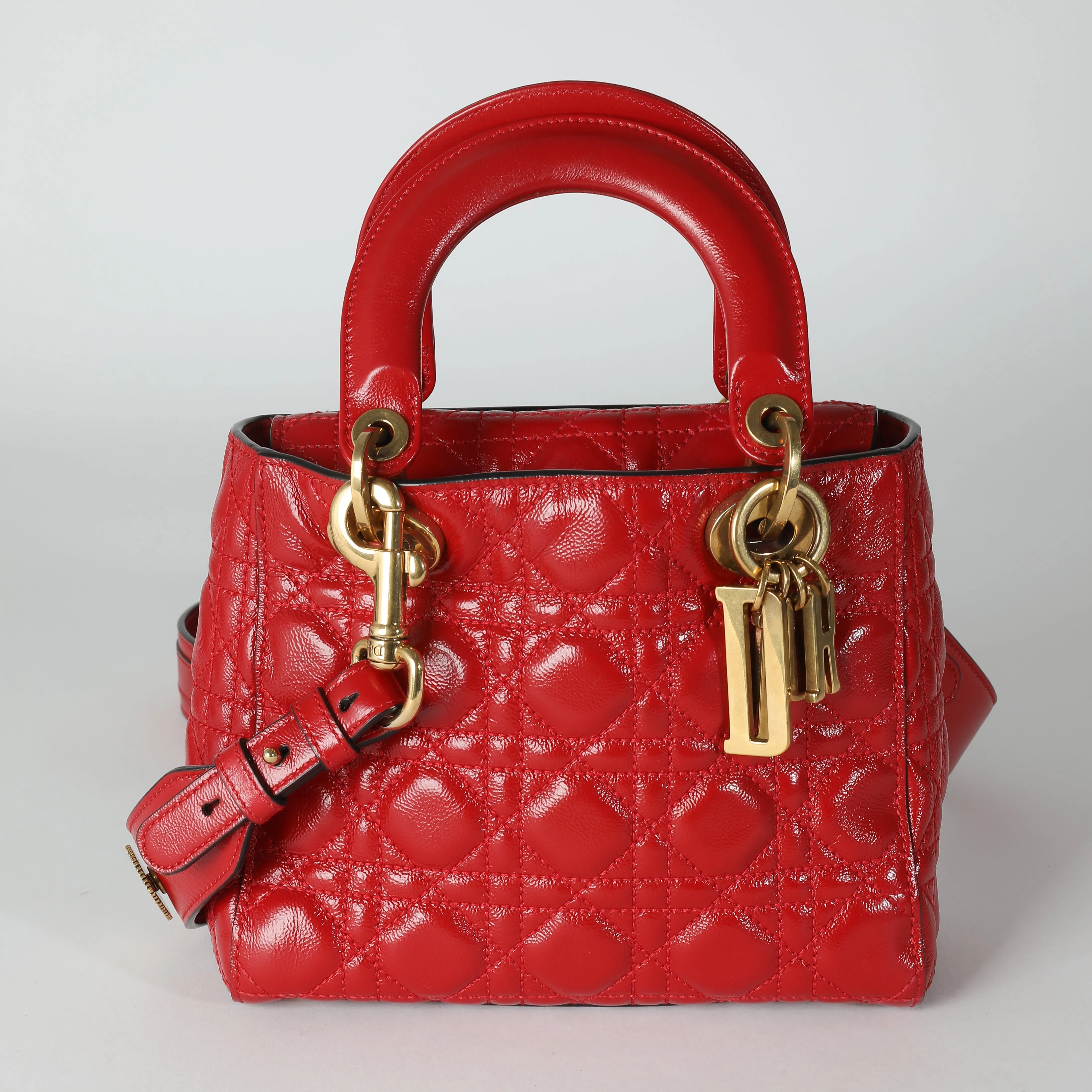 CHRISTIAN DIOR Red Crinkled Patent Cannage Small Lucky Badges My Lady Dior
