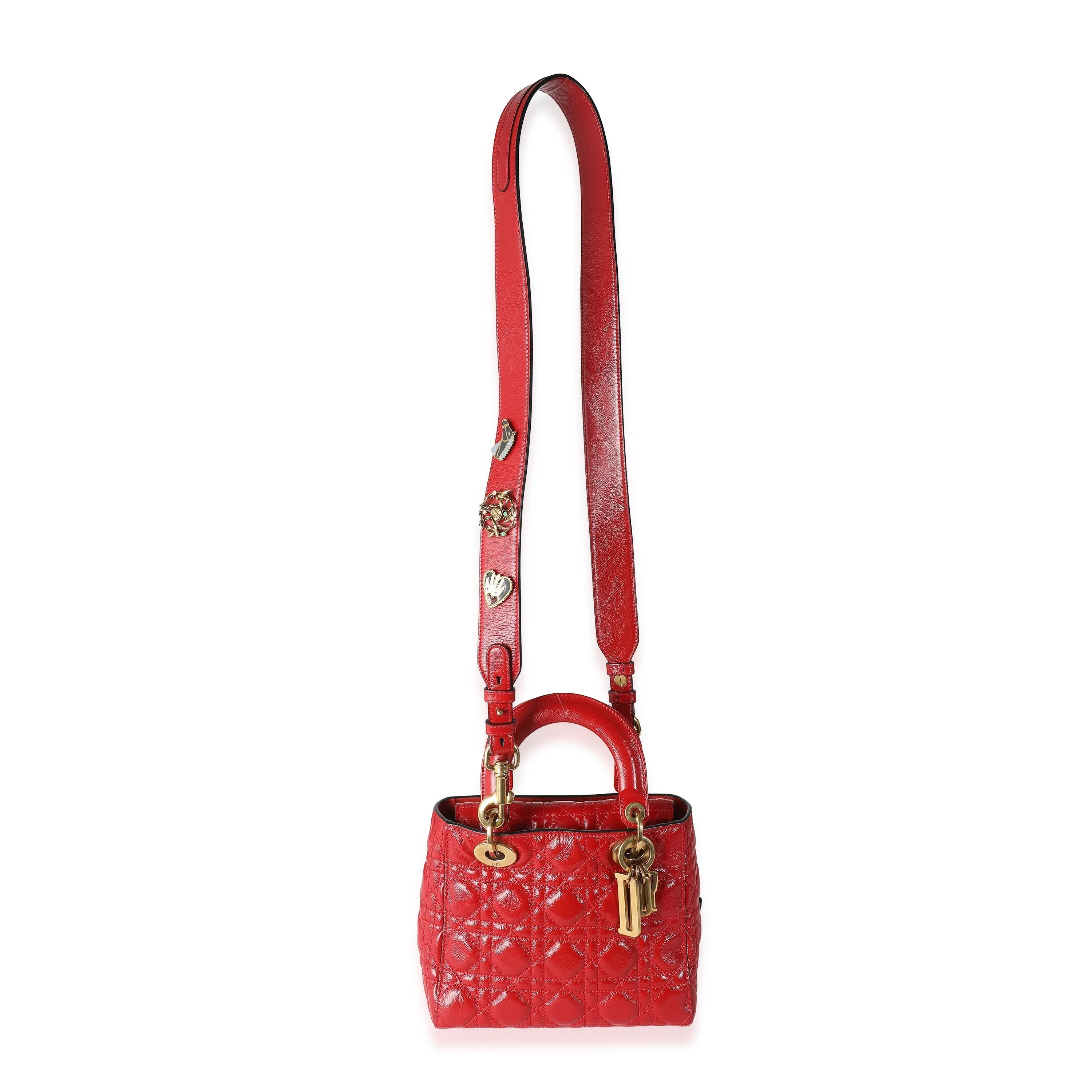CHRISTIAN DIOR Red Crinkled Patent Cannage Small Lucky Badges My Lady Dior