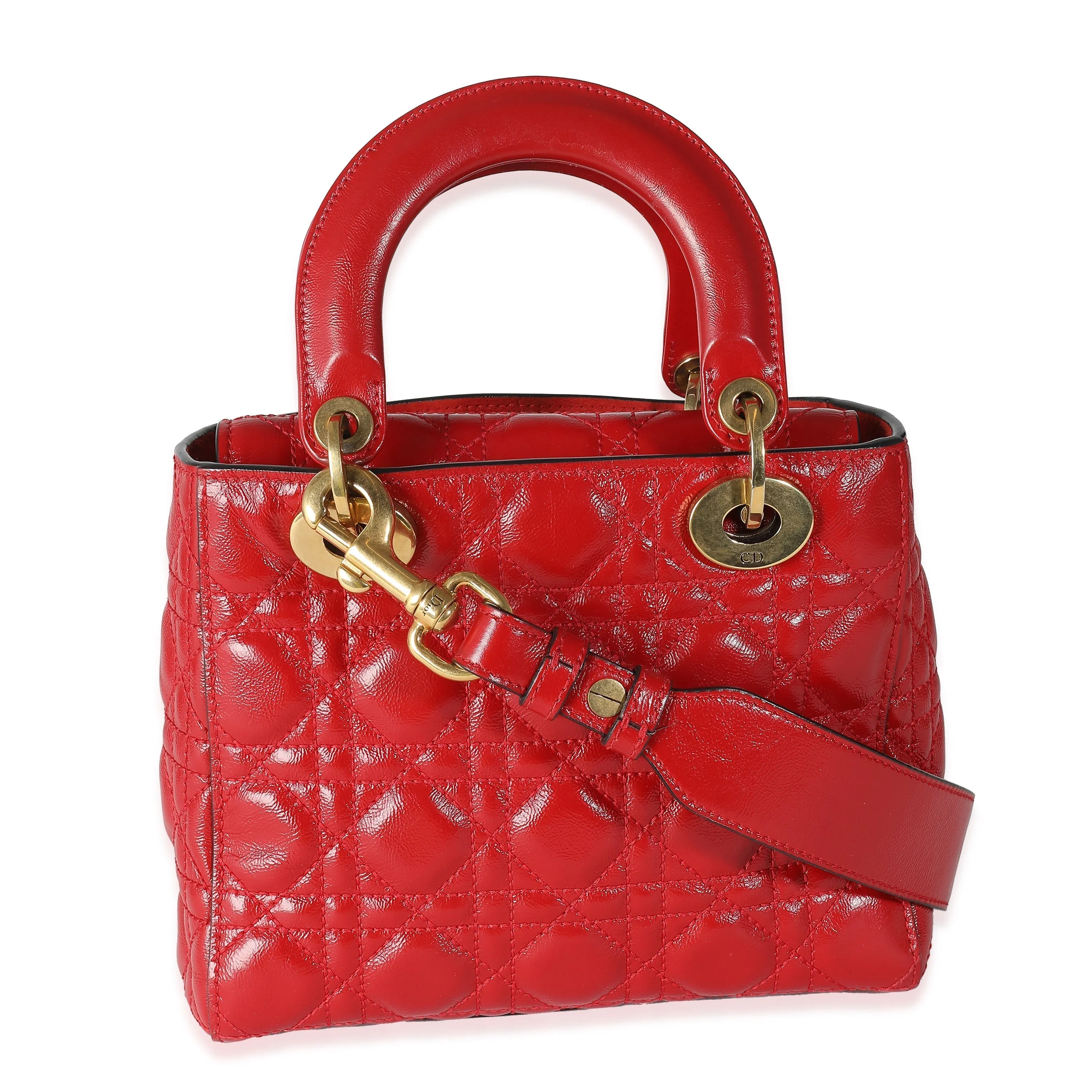 CHRISTIAN DIOR Red Crinkled Patent Cannage Small Lucky Badges My Lady Dior