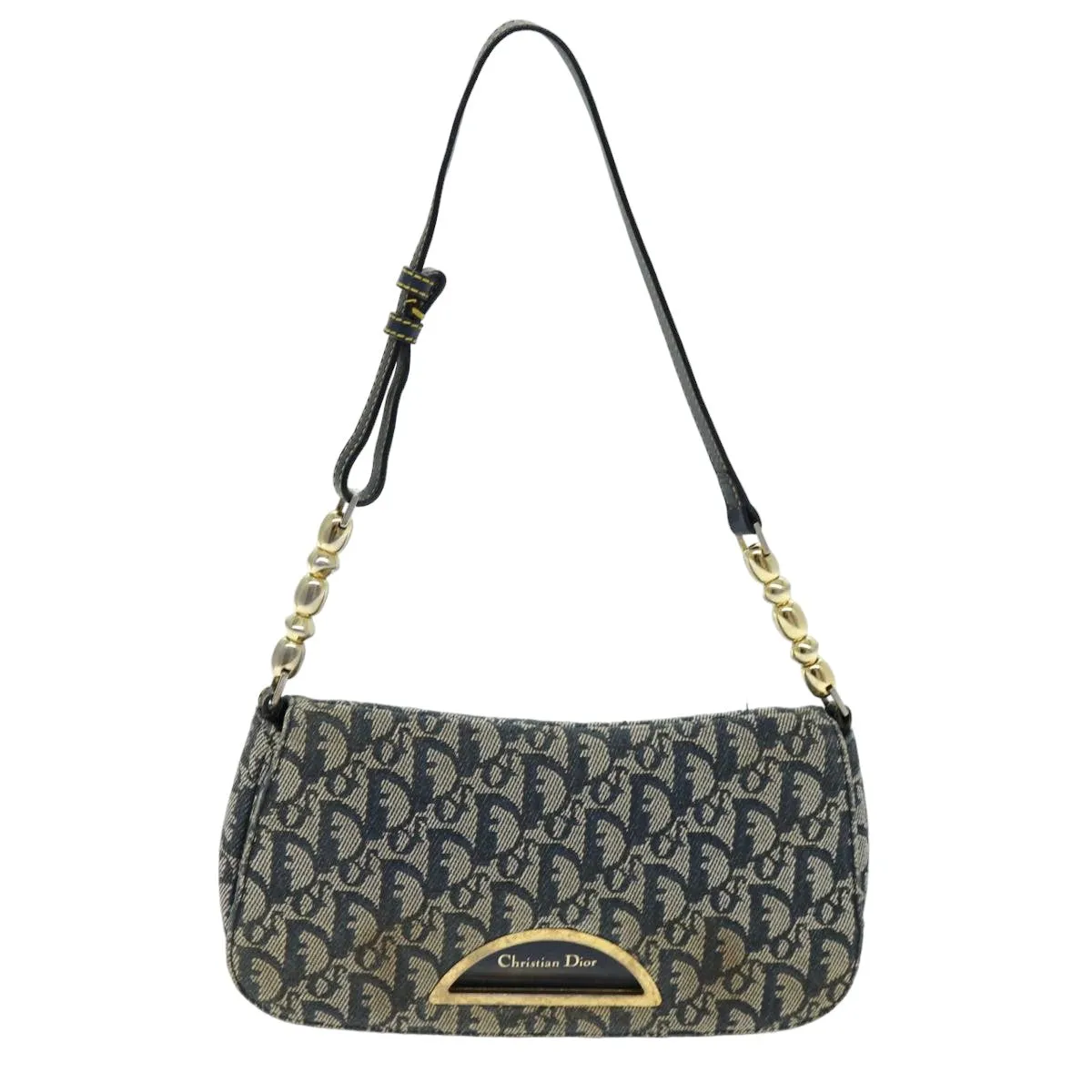 CHRISTIAN DIOR Trotter Canvas Maris Pearl Shoulder Bag Navy Auth 75455