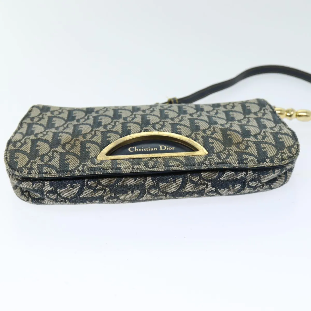 CHRISTIAN DIOR Trotter Canvas Maris Pearl Shoulder Bag Navy Auth 75455