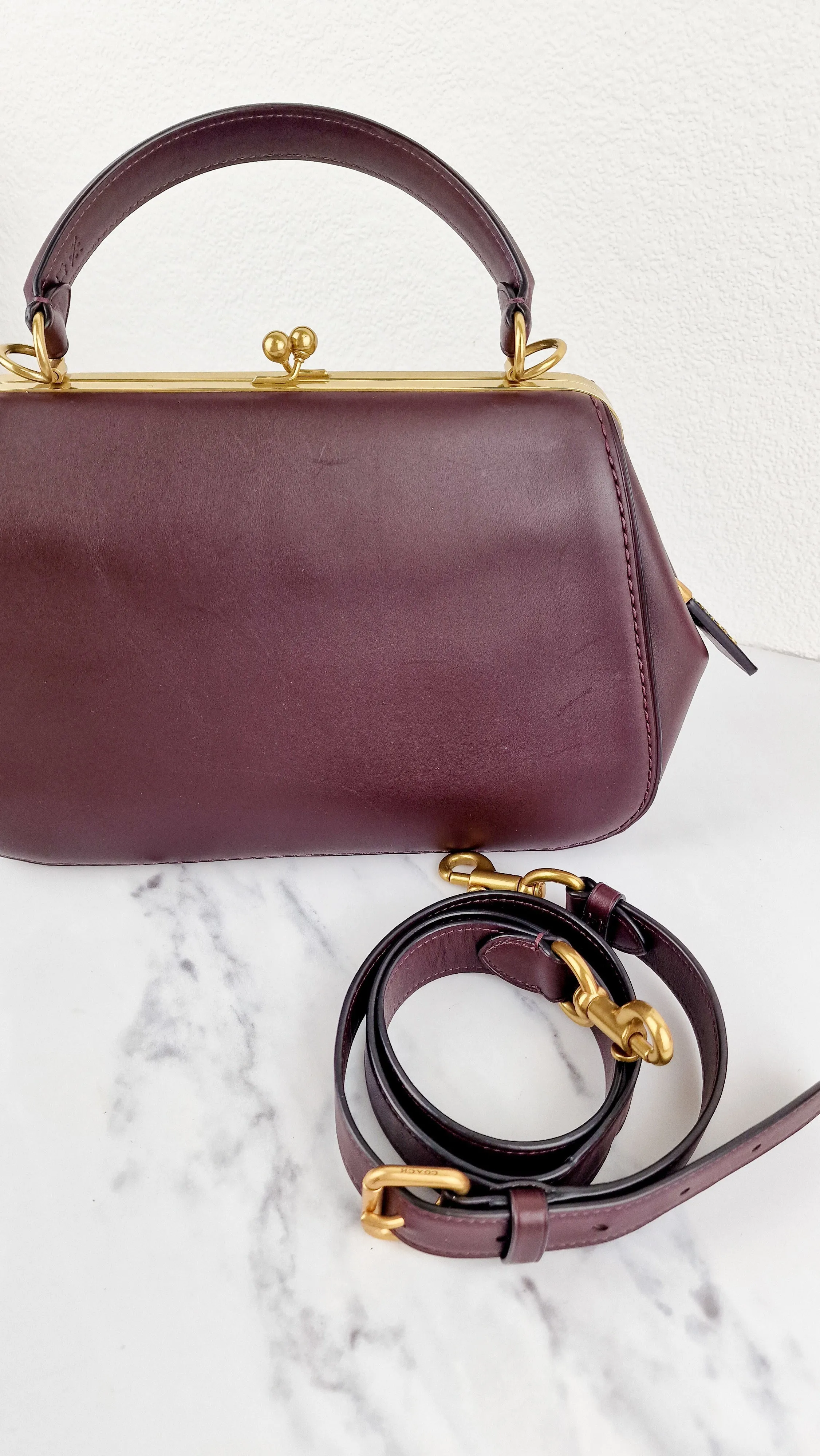 Coach 1941 Frame Bag with Kisslock in Oxblood Smooth Leather - Crossbody Handbag - Coach 68136