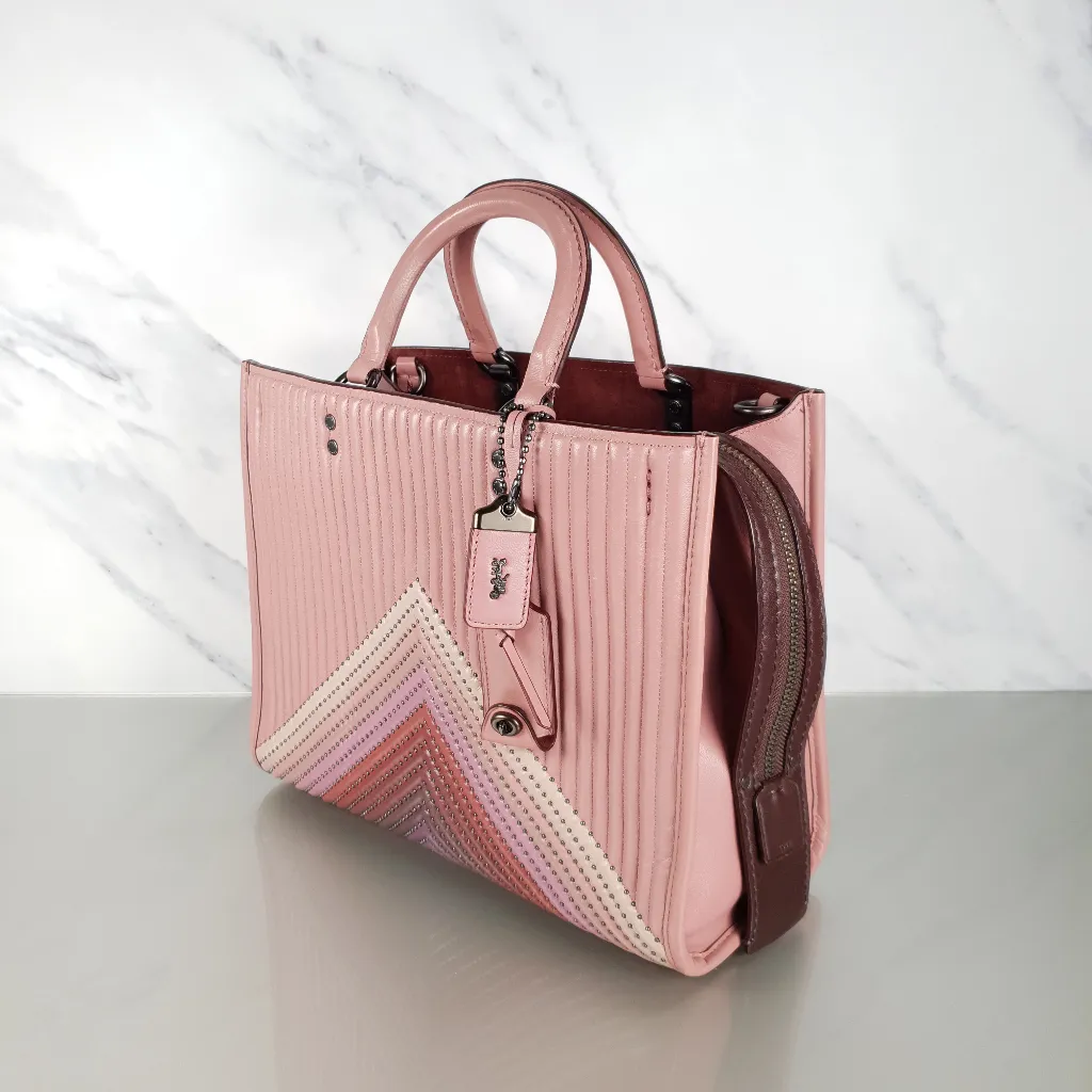 Coach 1941 Rogue 31 Dusty Rose Pink With Quilting & Rivets Ombre Chevrons Satchel Bag