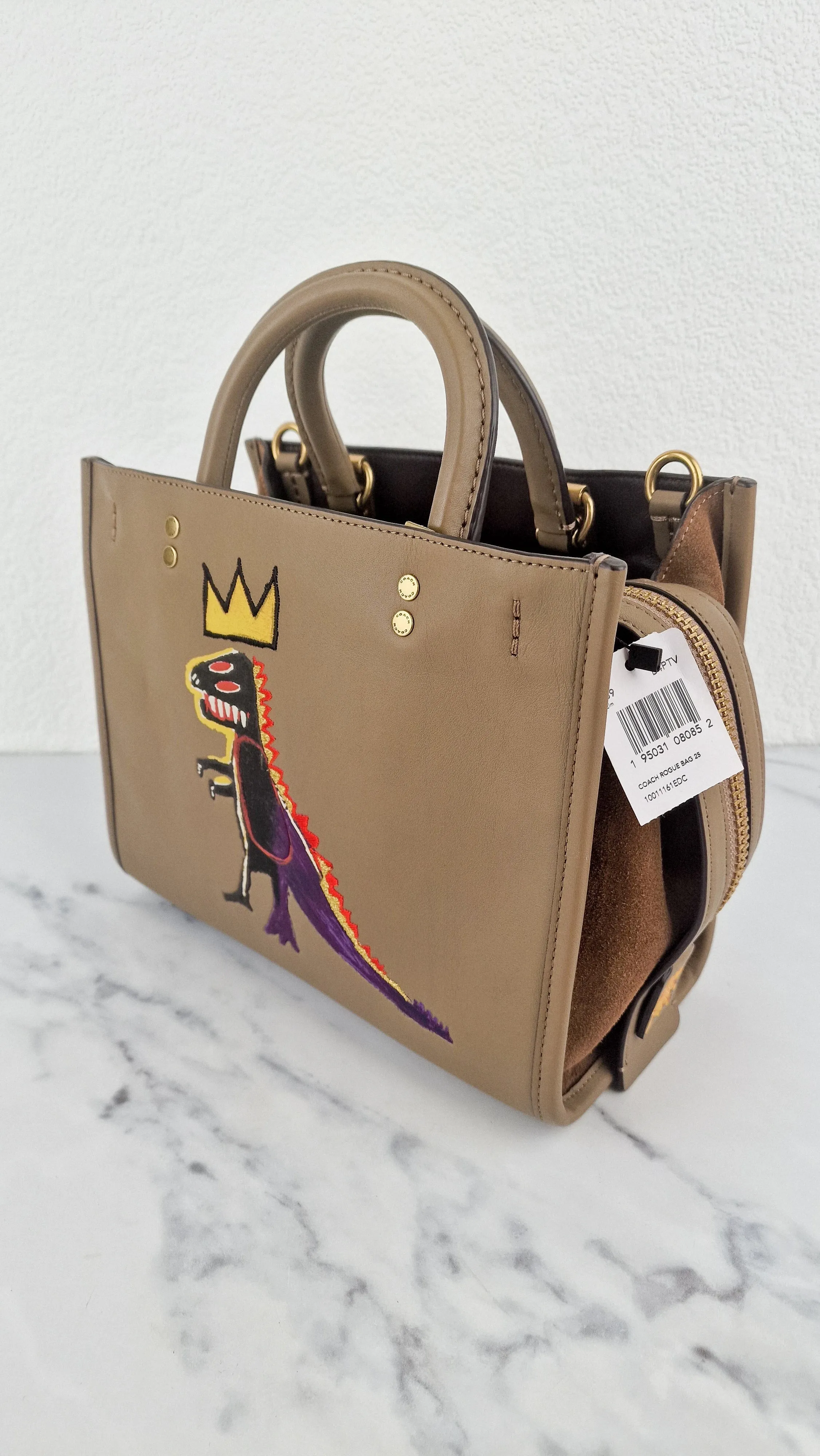 Coach x Jean-Michel Basquiat Rogue 25 Pez Dispenser Dinosaur Bag in Elm Leather & Suede - Handbag Crosbody Shoulder Bag in Taupe Beechwood Coach 6889