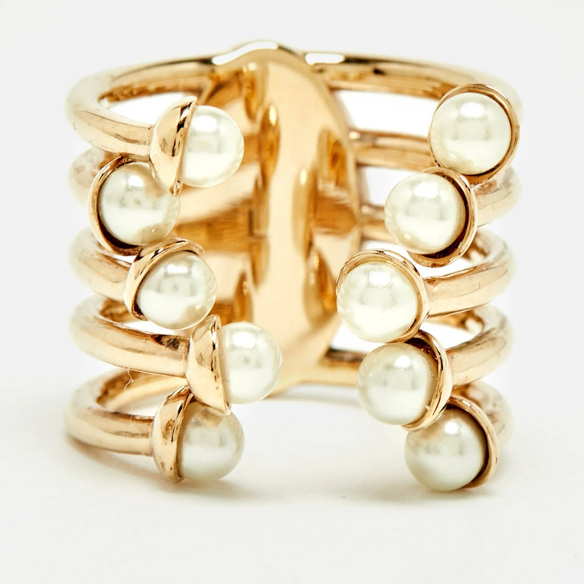 DIOR ific Faux Pearl Gold Tone Open Cuff Ring Size L