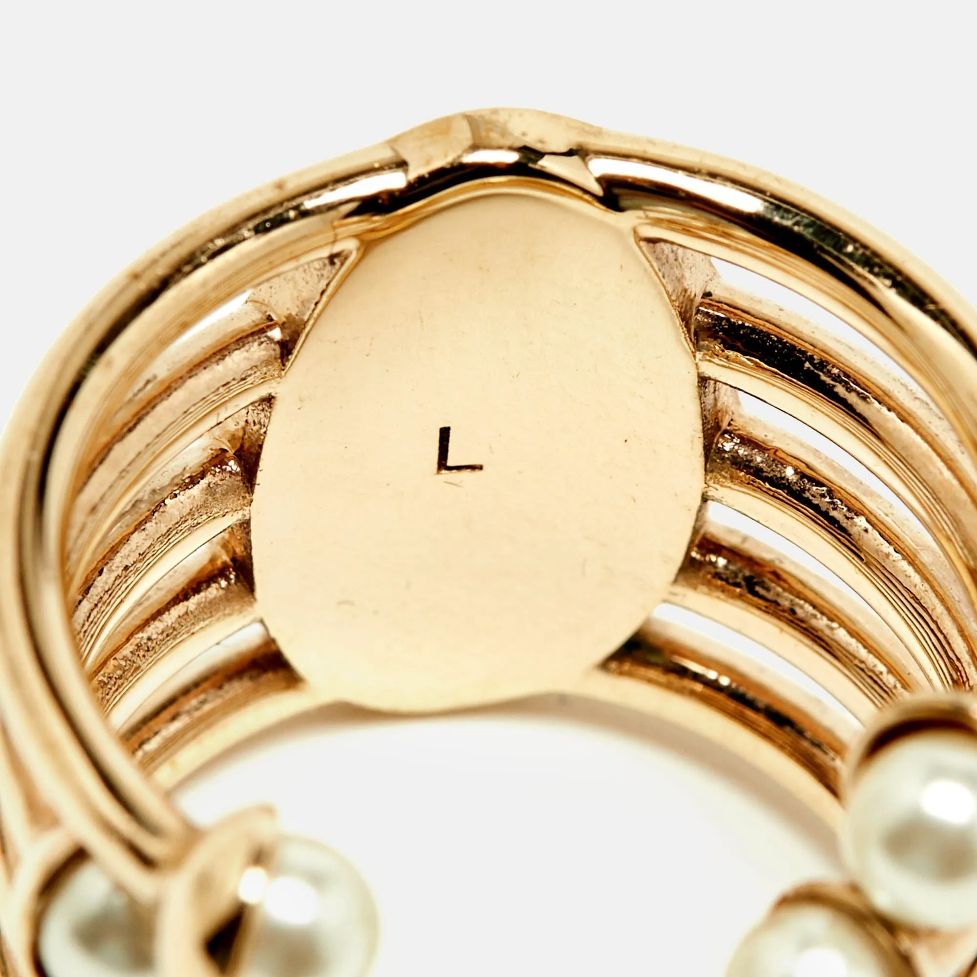 DIOR ific Faux Pearl Gold Tone Open Cuff Ring Size L