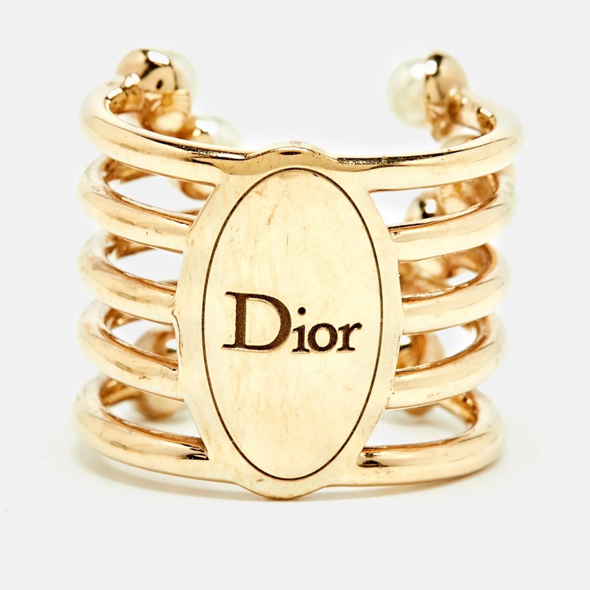 DIOR ific Faux Pearl Gold Tone Open Cuff Ring Size L