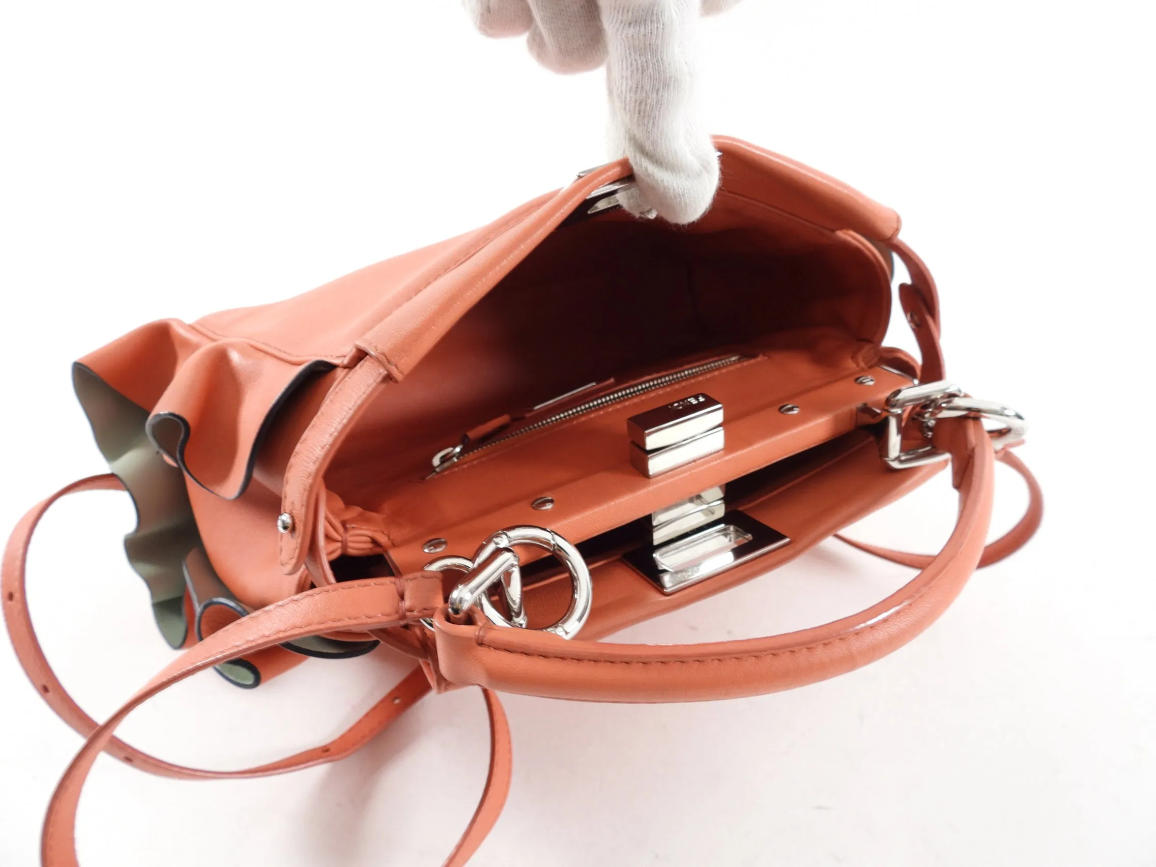 Fendi Peach Leather Mini Ruffle Peekaboo Crossbody Bag