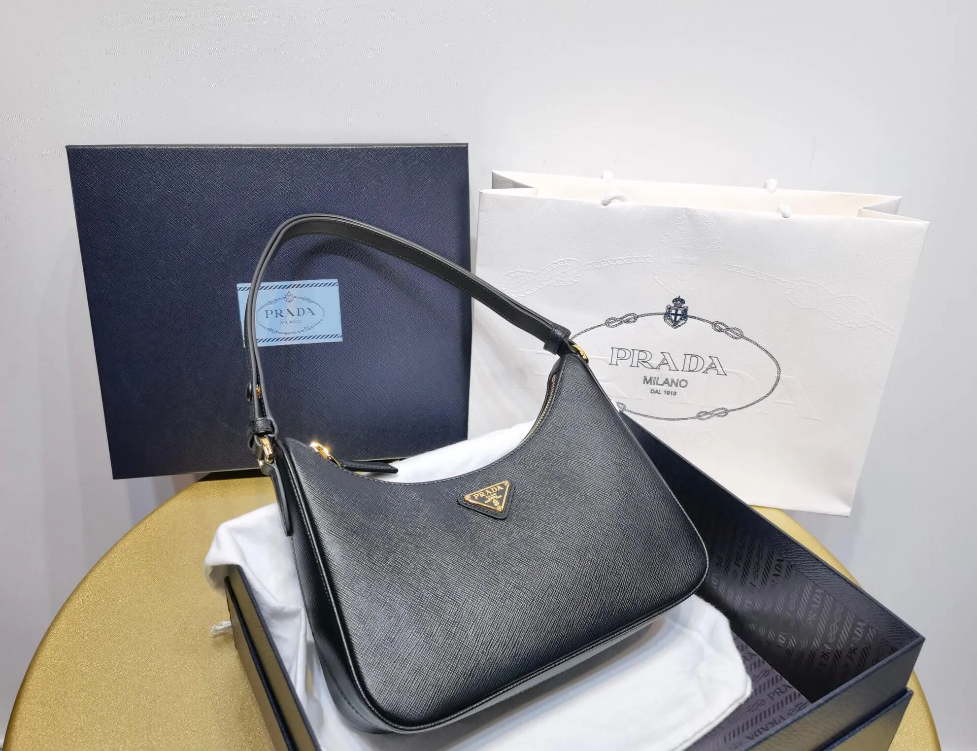 PRA Re-Edition Saffiano Leather mini Axillary pouch bag Black 1BC204