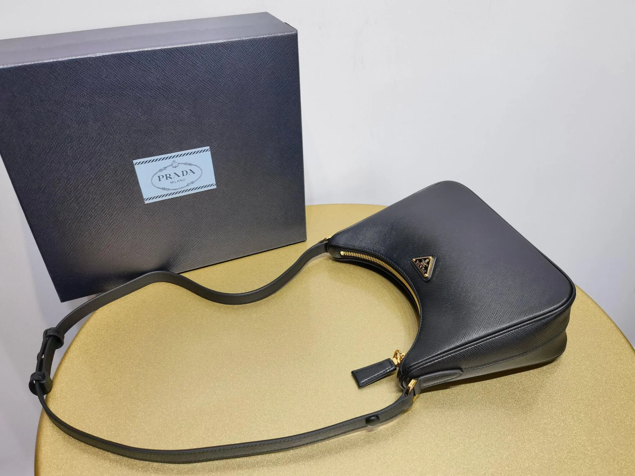 PRA Re-Edition Saffiano Leather mini Axillary pouch bag Black 1BC204