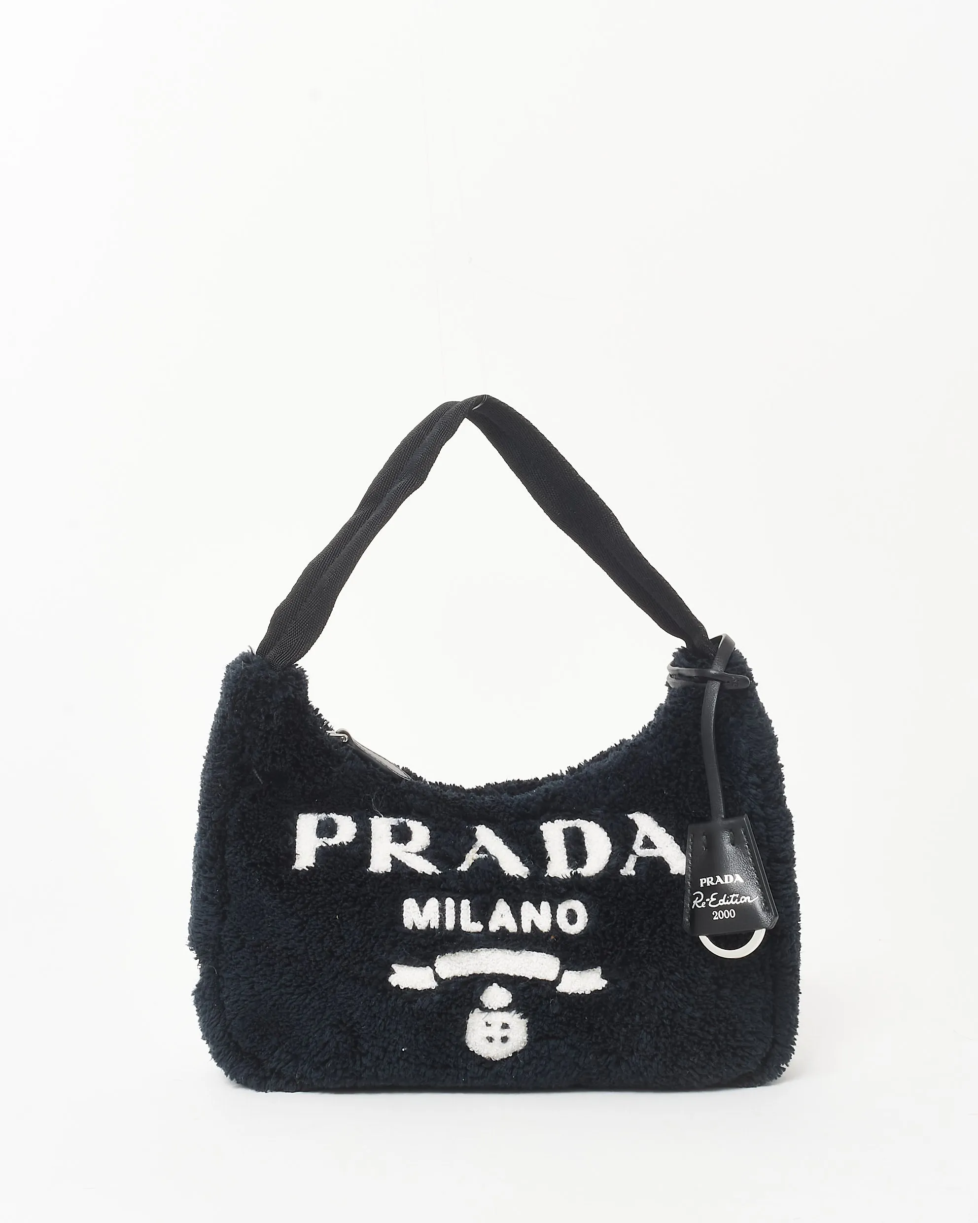 Prada Black Shearling & White Logo 2000 Re Edition Shoulder Bag