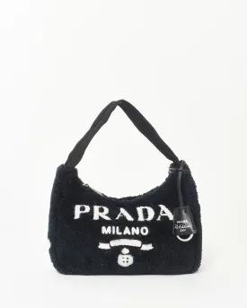 Prada Black Shearling & White Logo 2000 Re Edition Shoulder Bag