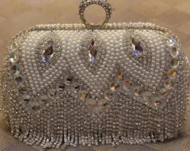 Silver Rhinestone and Pearl Embellished Waterfall Clutch Bag