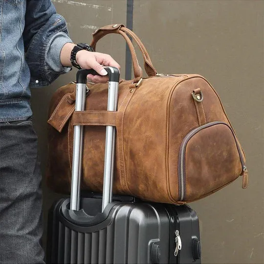 Travel Weekender Leather Duffel Bag With Shoe Pocket
