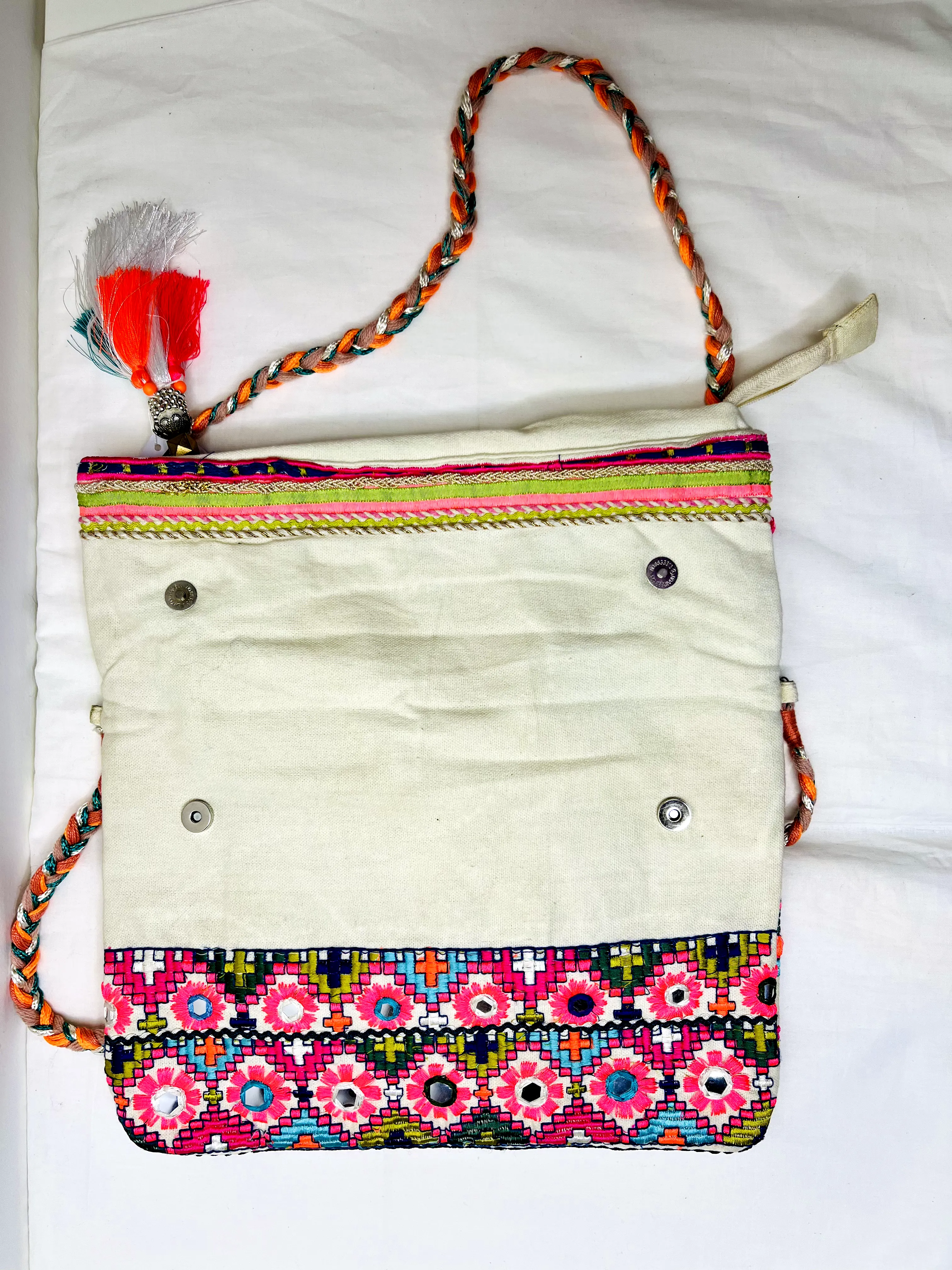 White Multicolor Mirror Tassel Sling Bag