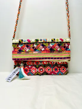 White Multicolor Mirror Tassel Sling Bag