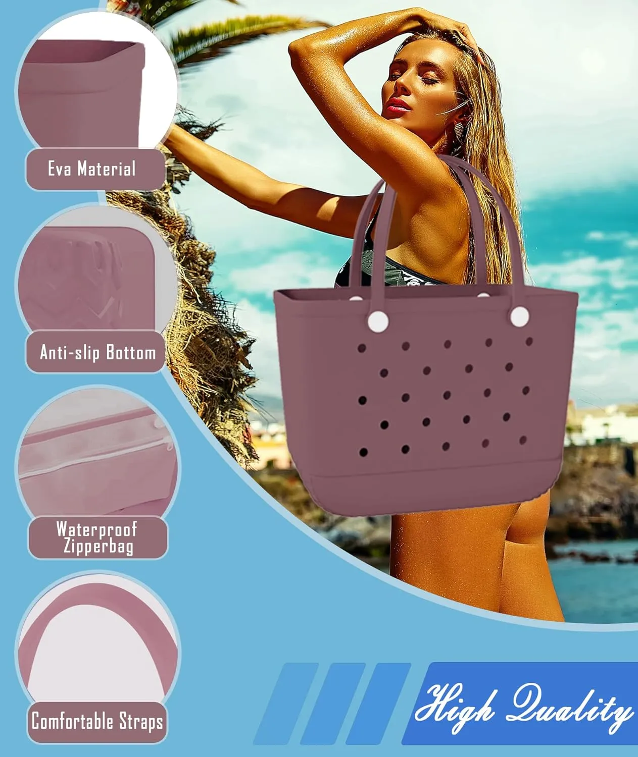 X-Large Rubber Beach Bag Tote Waterproof Tote Bag with Zipper Pocket Modern Travel Tote Bag Sports Beach