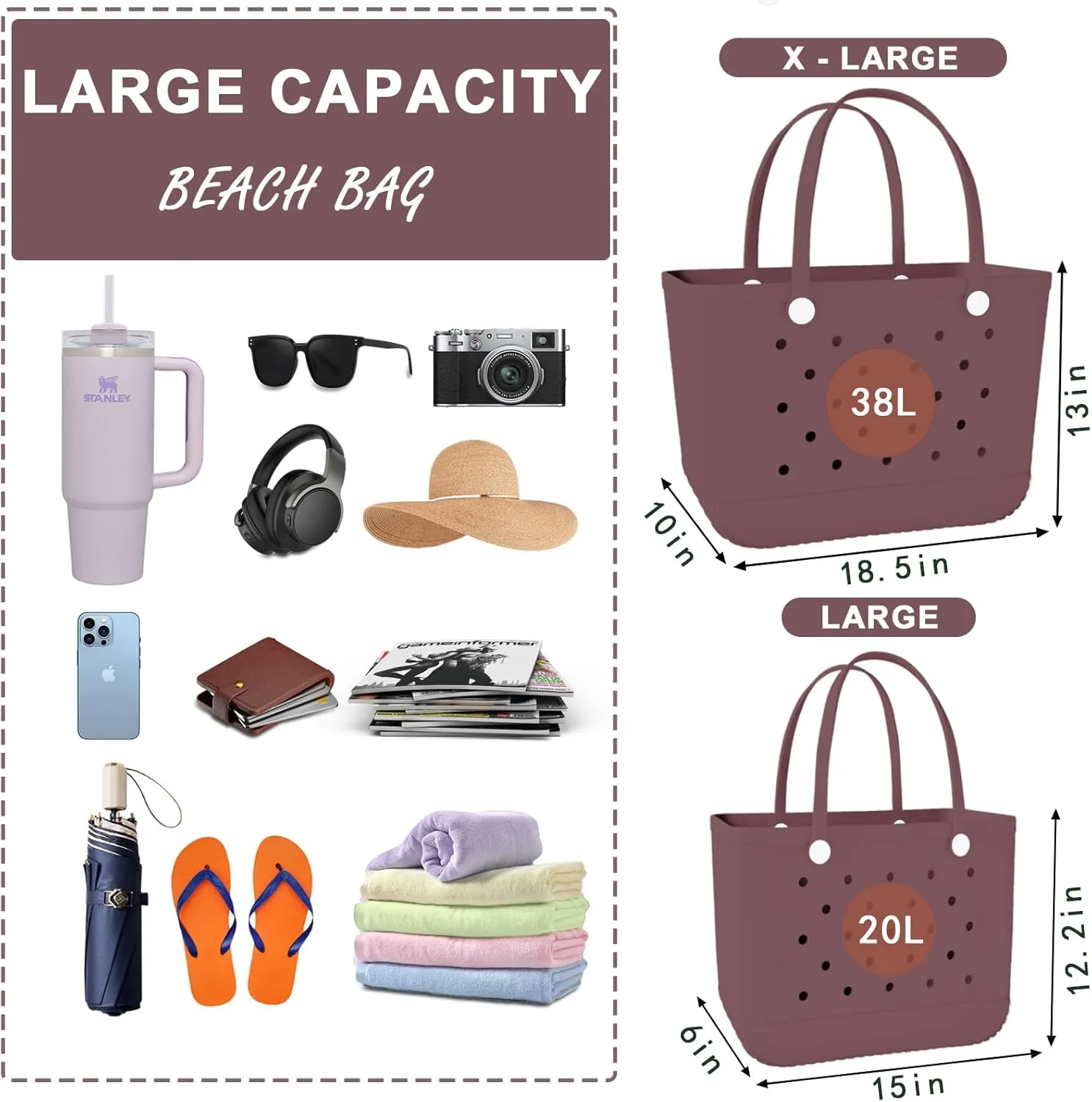 X-Large Rubber Beach Bag Tote Waterproof Tote Bag with Zipper Pocket Modern Travel Tote Bag Sports Beach